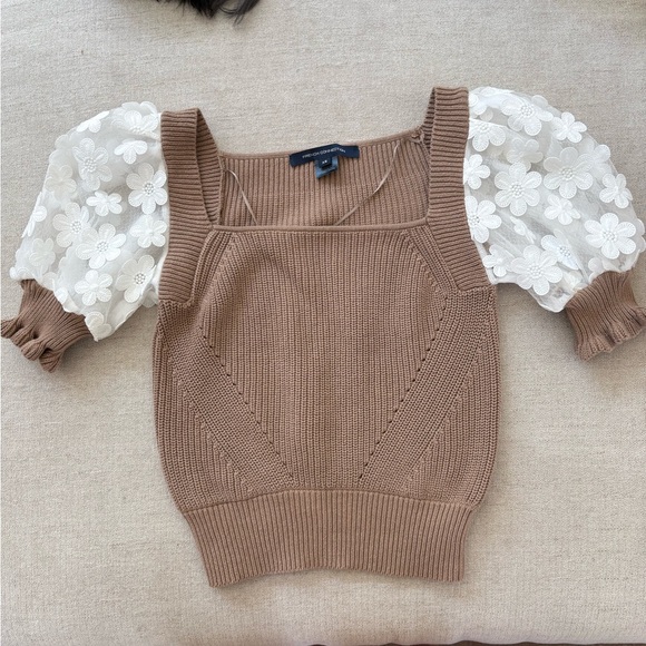 French Connection Tops - Brown Knit Top with White Floral Sleeves
